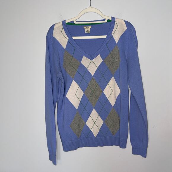 Izod Womens Argyle Sweater Size L Blue White V-Neck Preppy Long Sleeve Cotton - Picture 1 of 5